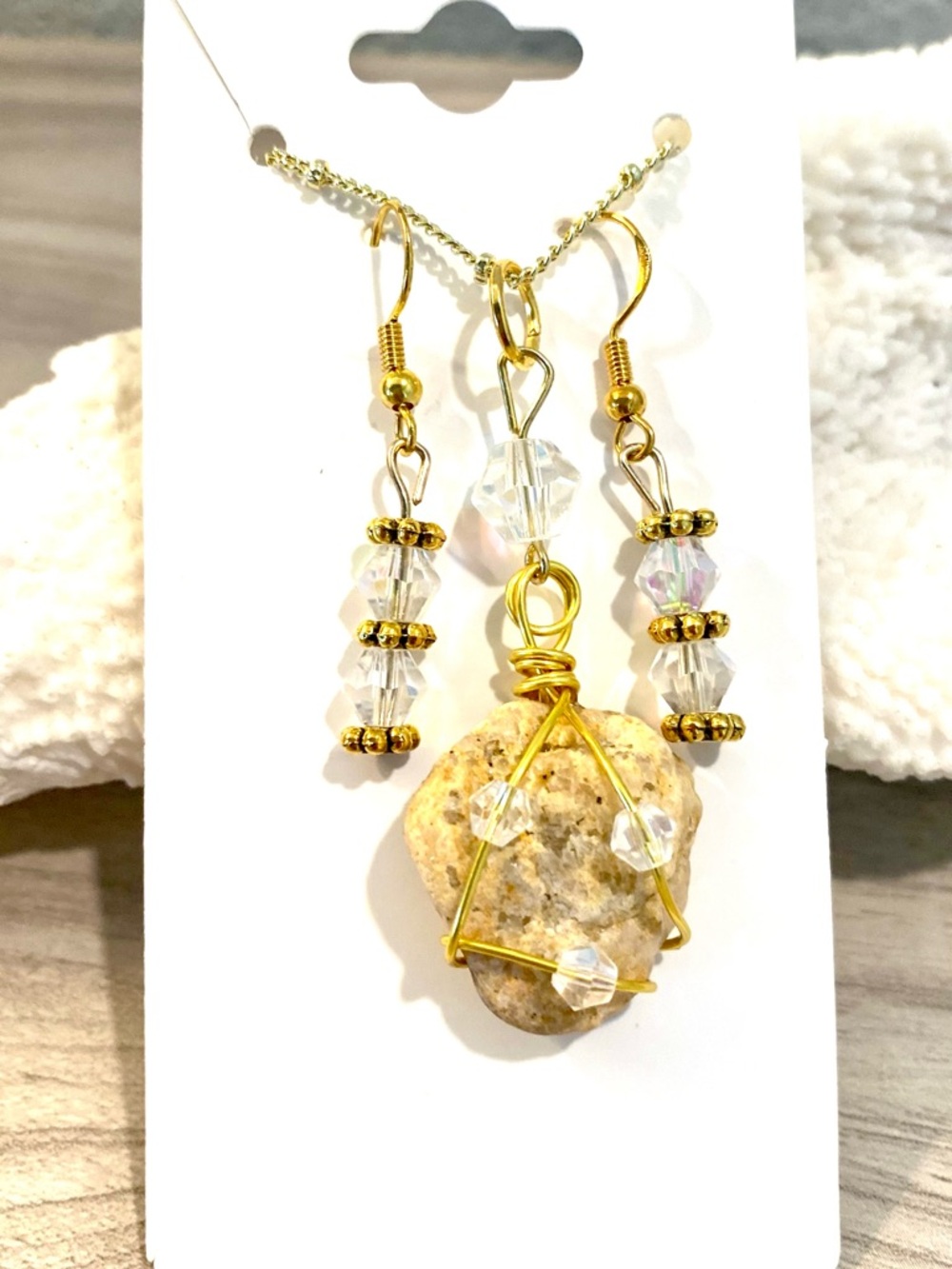 113. Cozumel beach stone necklace with matching crystal and gold tone beads